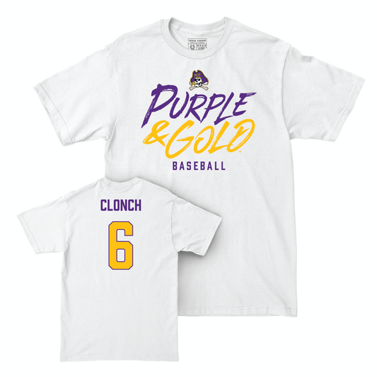 East Carolina Baseball White Color Rush Comfort Colors Tee - Cameron Clonch Small