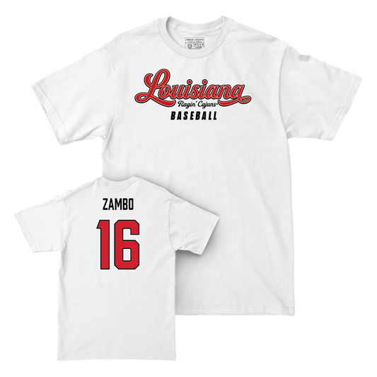 Louisiana Baseball White Script Comfort Colors Tee - Mason Zambo Small